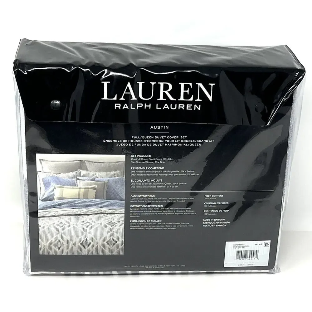 Ralph Lauren Austin Diamond Full/Queen Duvet Cover Set 2 Shams Grey Blue NIP